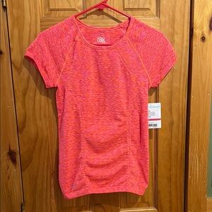 NWT Athleta Girl Pink Fitted Ruched “Spacedye Tracker Tee”.  Size Large (12)